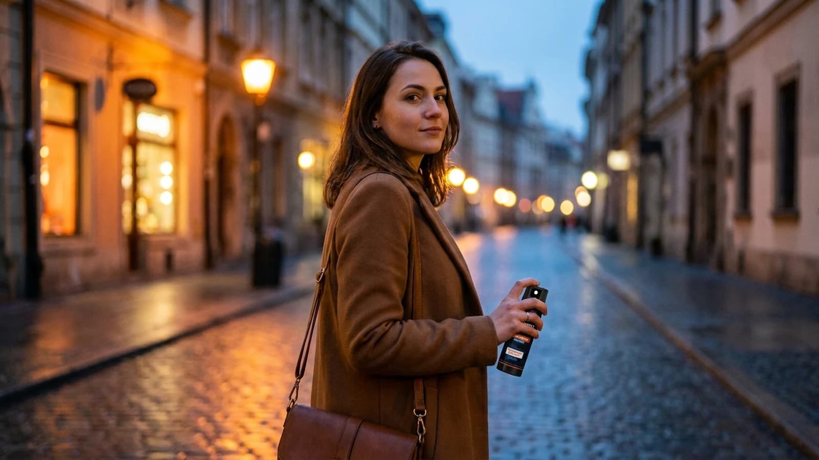 Frau mit SmurfSpray Schlumpfspray griffbereit in der Hand auf dem Heimweg in der Dämmerung